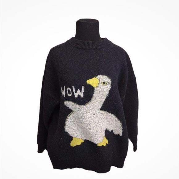 Aelfric Eden Sweaters - Aelfric Eden Black Sweater with WOW Goose Duck Design Print L